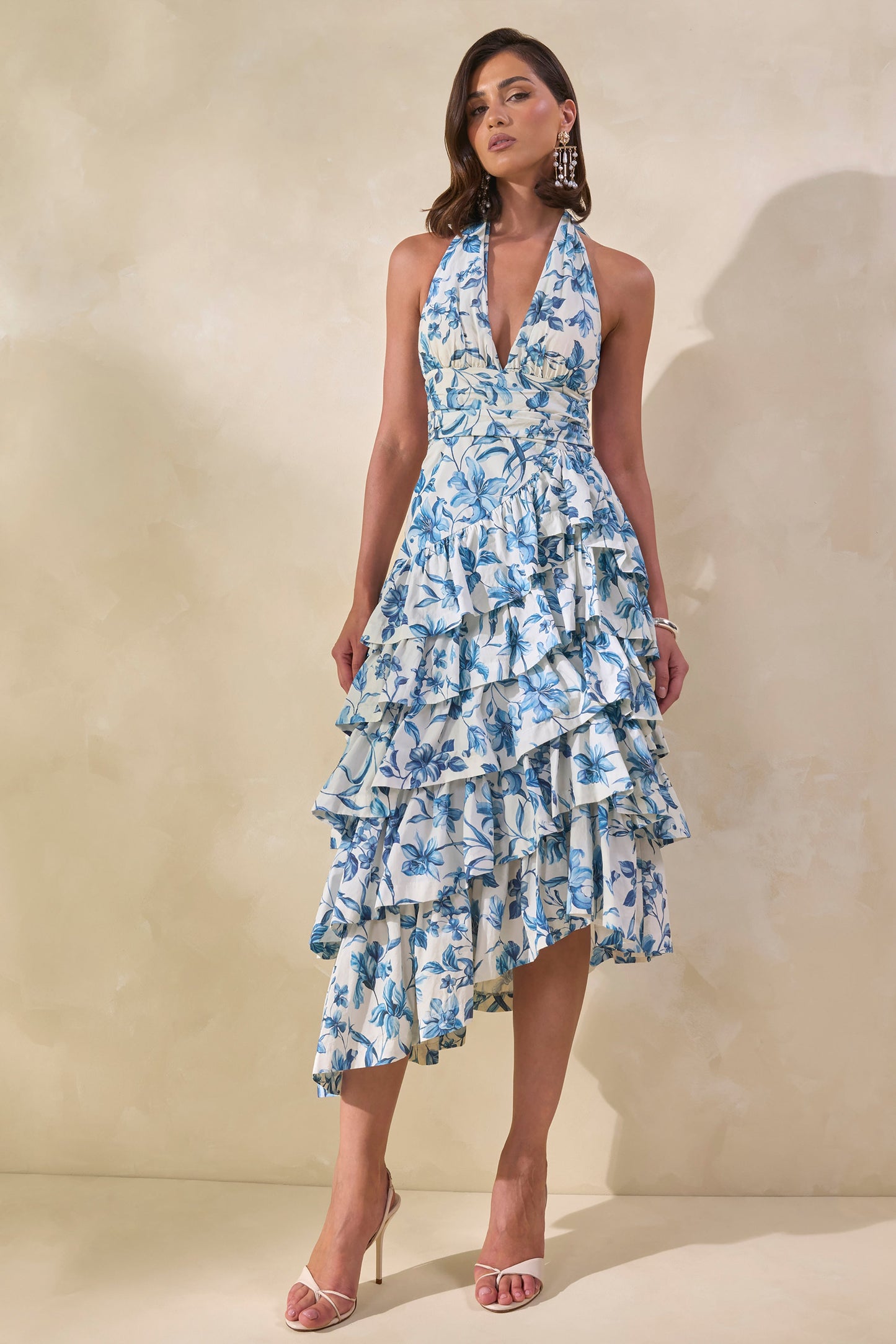 Velora | Blue Porcelain Print Asymmetric-Neck Midi Dress With Tiered-Ruffled Skirt