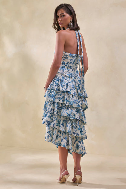 Velora | Blue Porcelain Print Asymmetric-Neck Midi Dress With Tiered-Ruffled Skirt