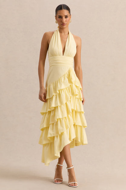 Velora | Lemon Asymmetric Midi Dress With Tiered-Ruffled Skirt