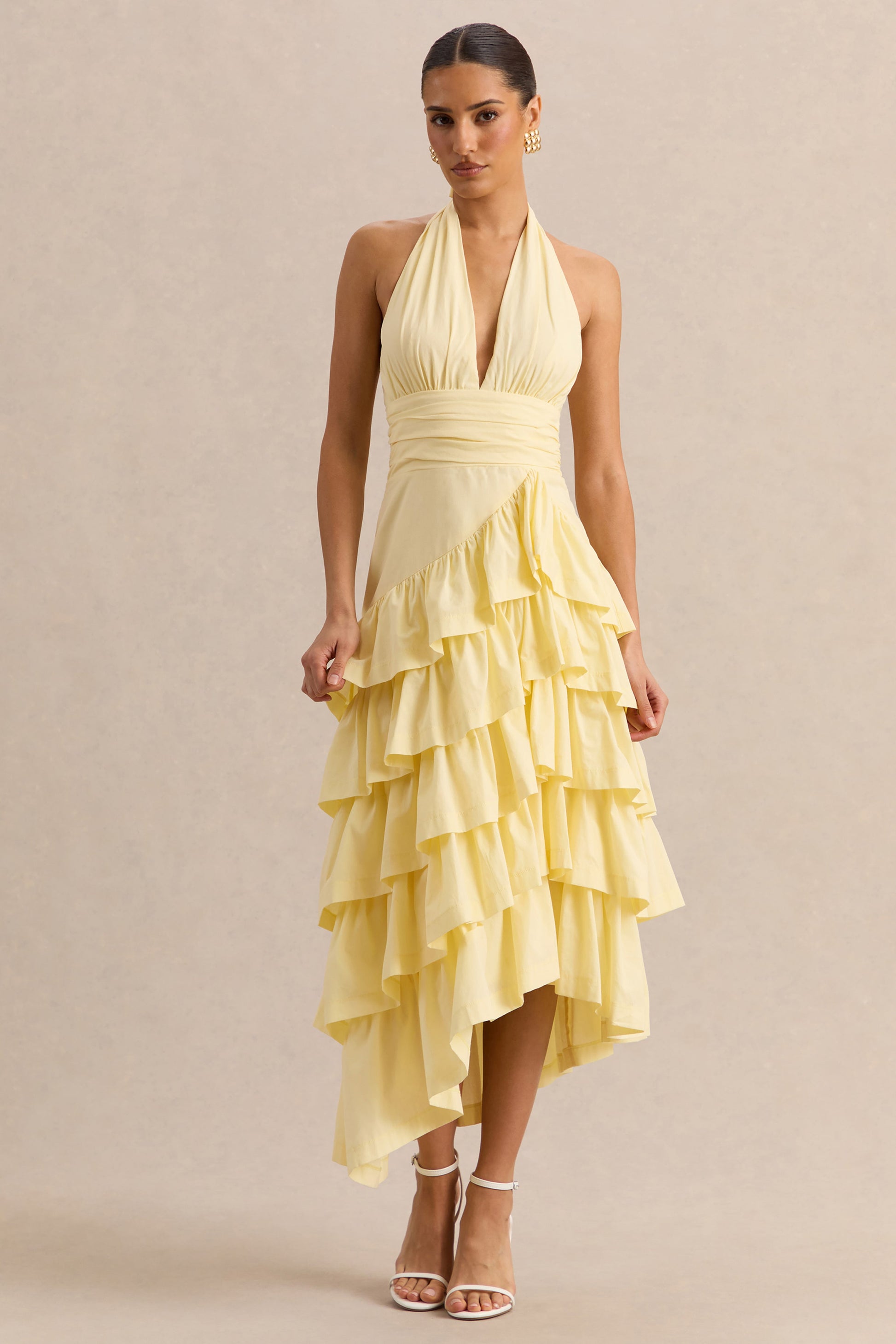Velora | Lemon Asymmetric Midi Dress With Tiered-Ruffled Skirt
