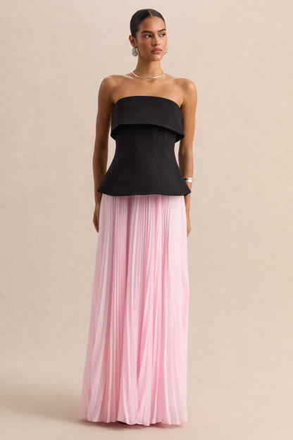 Stellara | Black & Pink Bandeau Corset Maxi Dress With Sheer Skirt