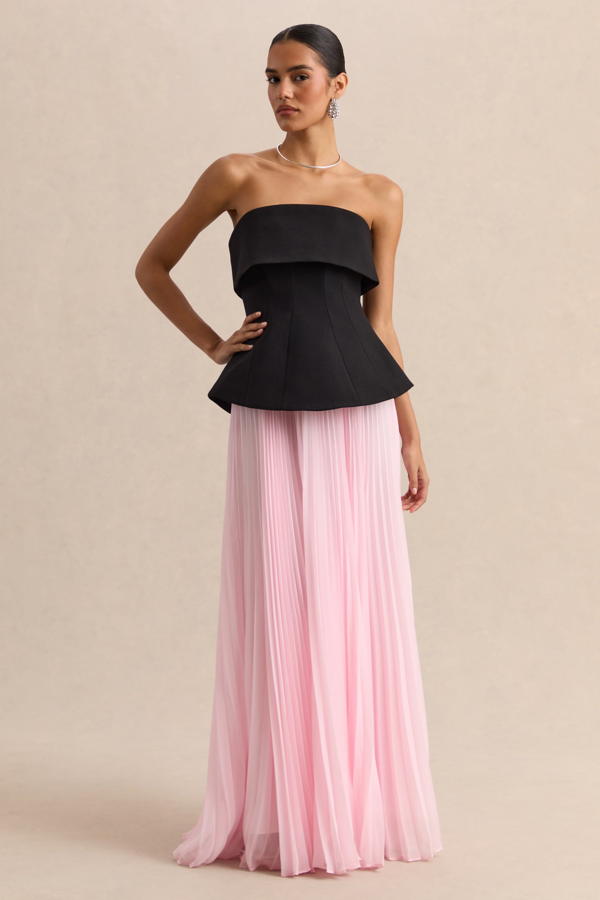 Stellara | Black & Pink Bandeau Corset Maxi Dress With Sheer Skirt