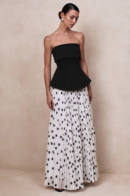 Stellara | Black & White Polka Dot Bandeau Corset Maxi Dress With Sheer Skirt