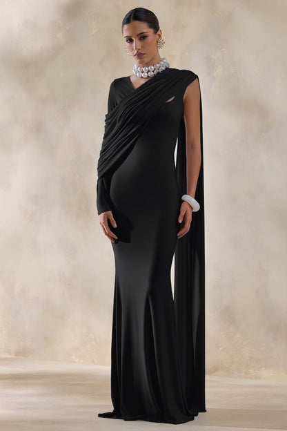 Rubelle | Black Asymmetric-Neck Maxi Dress With Draped-Detailing
