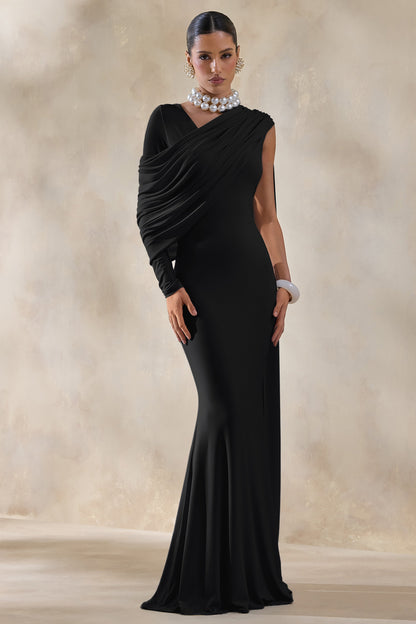 Rubelle | Black Asymmetric-Neck Maxi Dress With Draped-Detailing