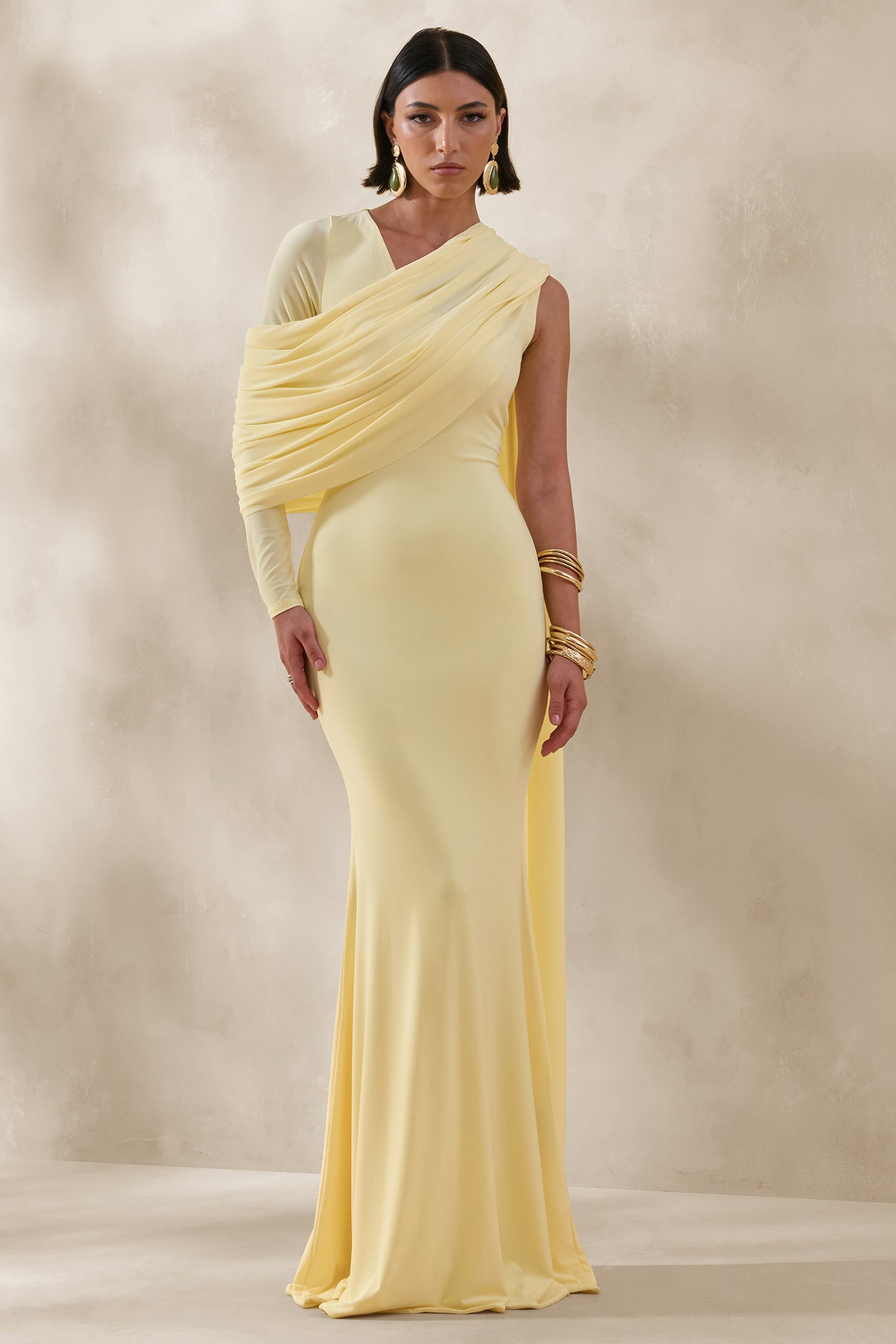 Rubelle | Lemon Asymmetric-Neck Maxi Dress With Draped-Detailing