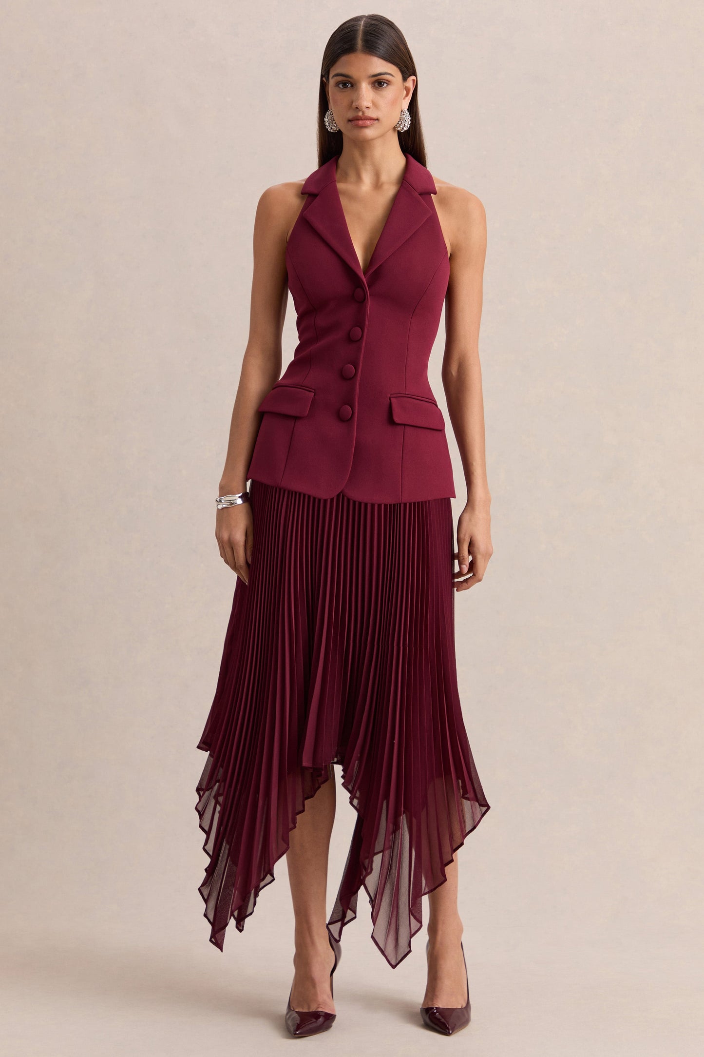 Marvelle | Burgundy Plunge-Neck Maxi Dress With Hanky Hem