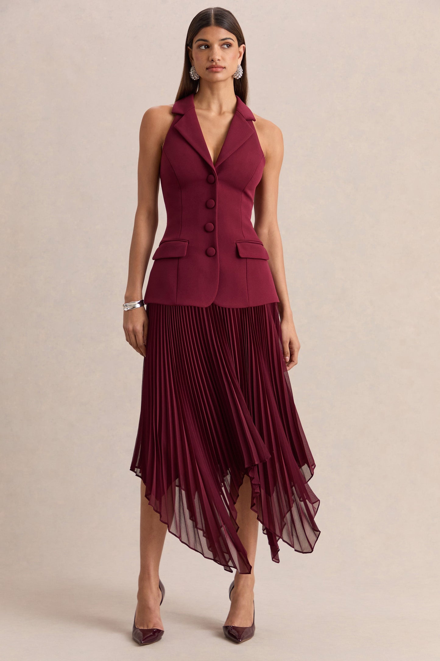 Marvelle | Burgundy Plunge-Neck Maxi Dress With Hanky Hem