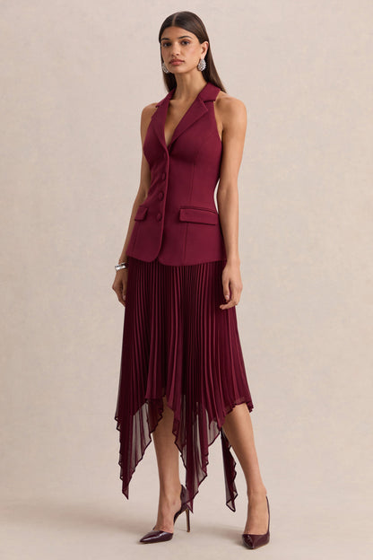 Marvelle | Burgundy Plunge-Neck Maxi Dress With Hanky Hem