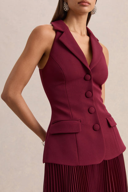 Marvelle | Burgundy Plunge-Neck Maxi Dress With Hanky Hem