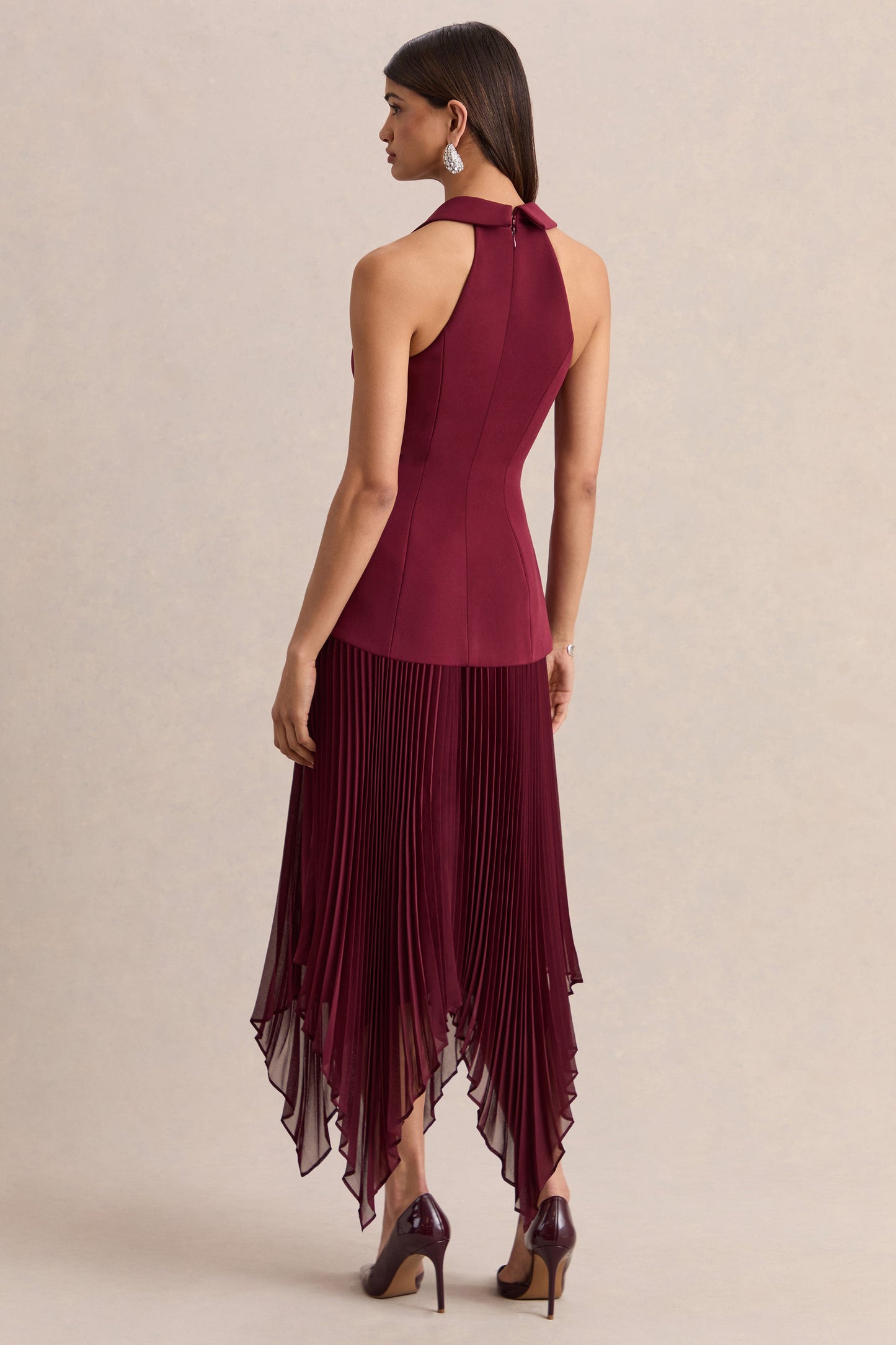 Marvelle | Burgundy Plunge-Neck Maxi Dress With Hanky Hem