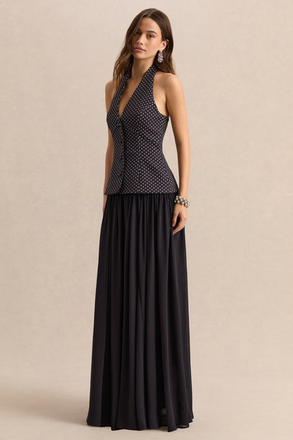 Zarina | Black & White Polka-Dot Plunge-Neck Maxi Dress