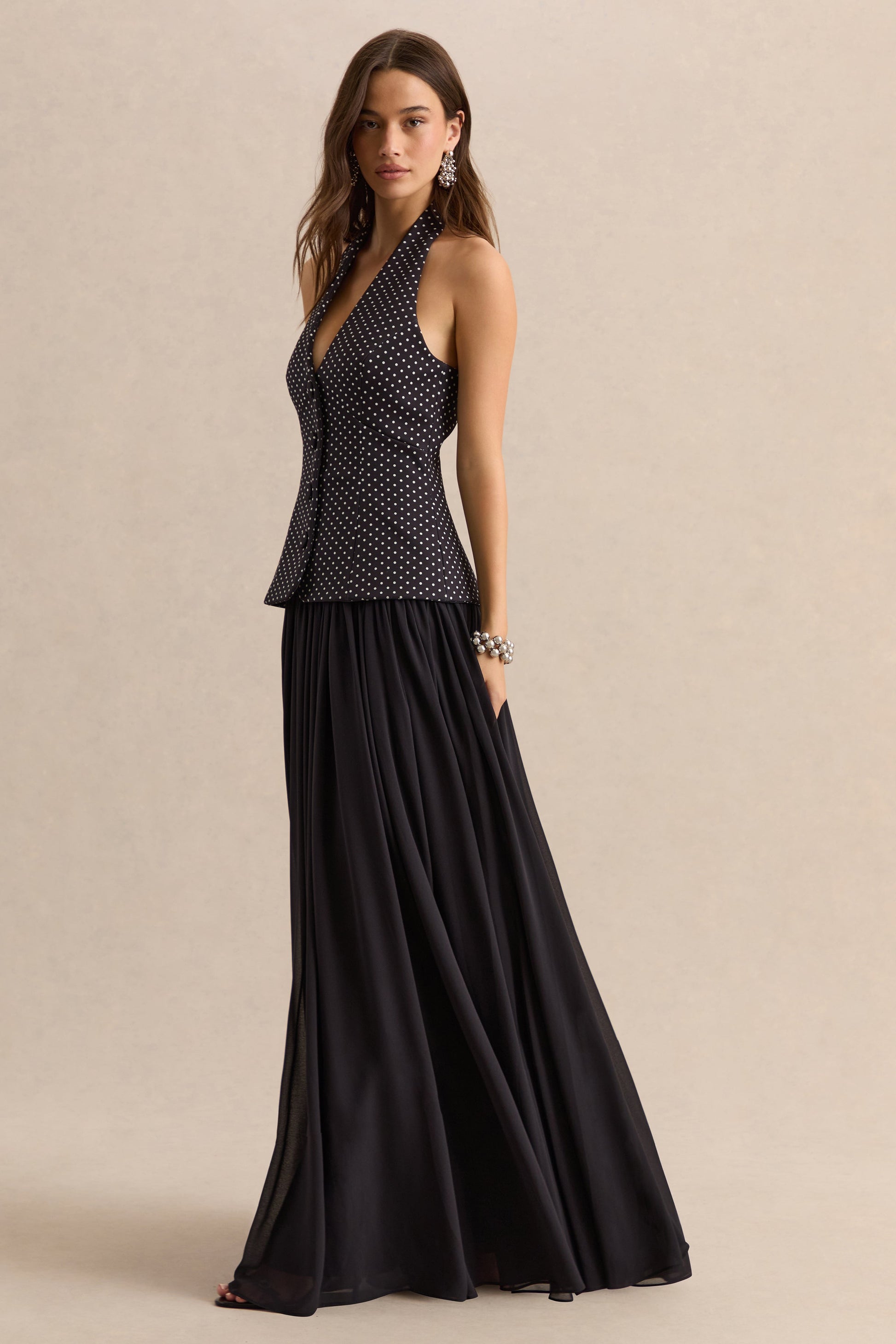 Zarina | Black & White Polka-Dot Plunge-Neck Maxi Dress
