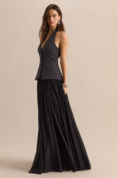 Zarina | Black & White Polka-Dot Plunge-Neck Maxi Dress
