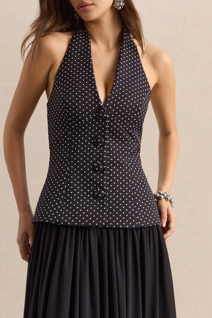 Zarina | Black & White Polka-Dot Plunge-Neck Maxi Dress