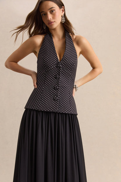 Zarina | Black & White Polka-Dot Plunge-Neck Maxi Dress
