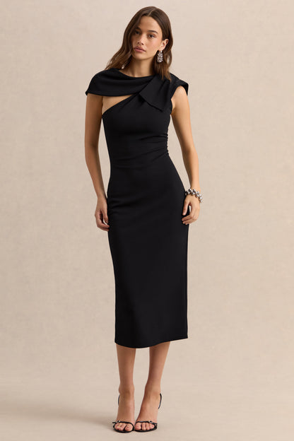 Clarina | Black Asymmetric-Neck Midi Dress With Bow-Detail
