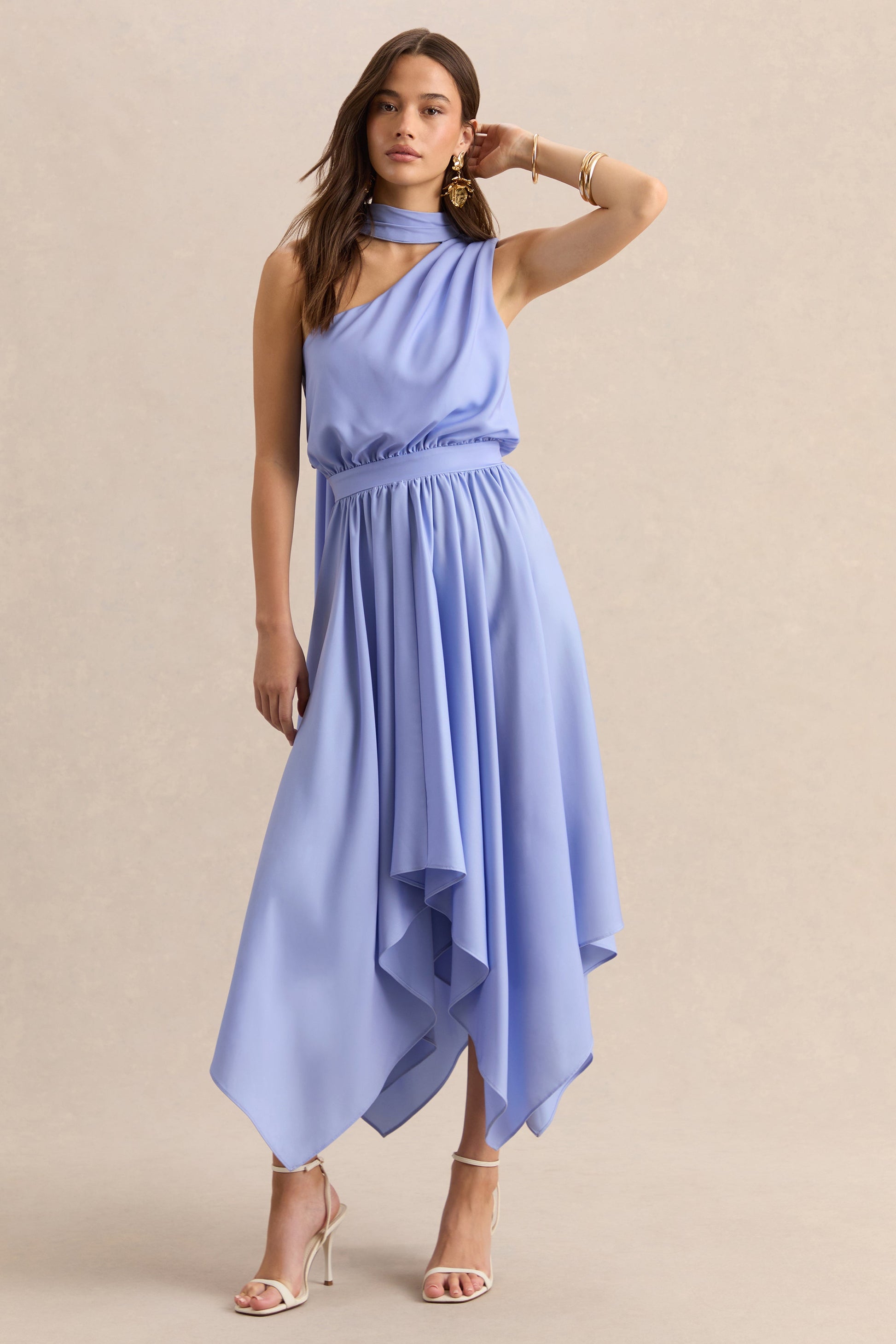 Caluna | Powder Blue Satin Asymmetric-Neck Midi Dress With Scarf-Detail
