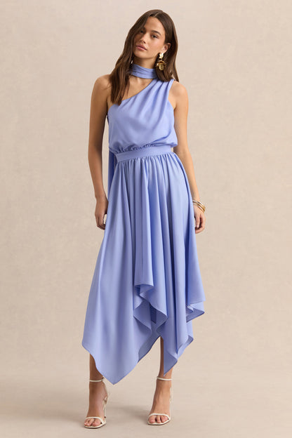 Caluna | Powder Blue Satin Asymmetric-Neck Midi Dress With Scarf-Detail