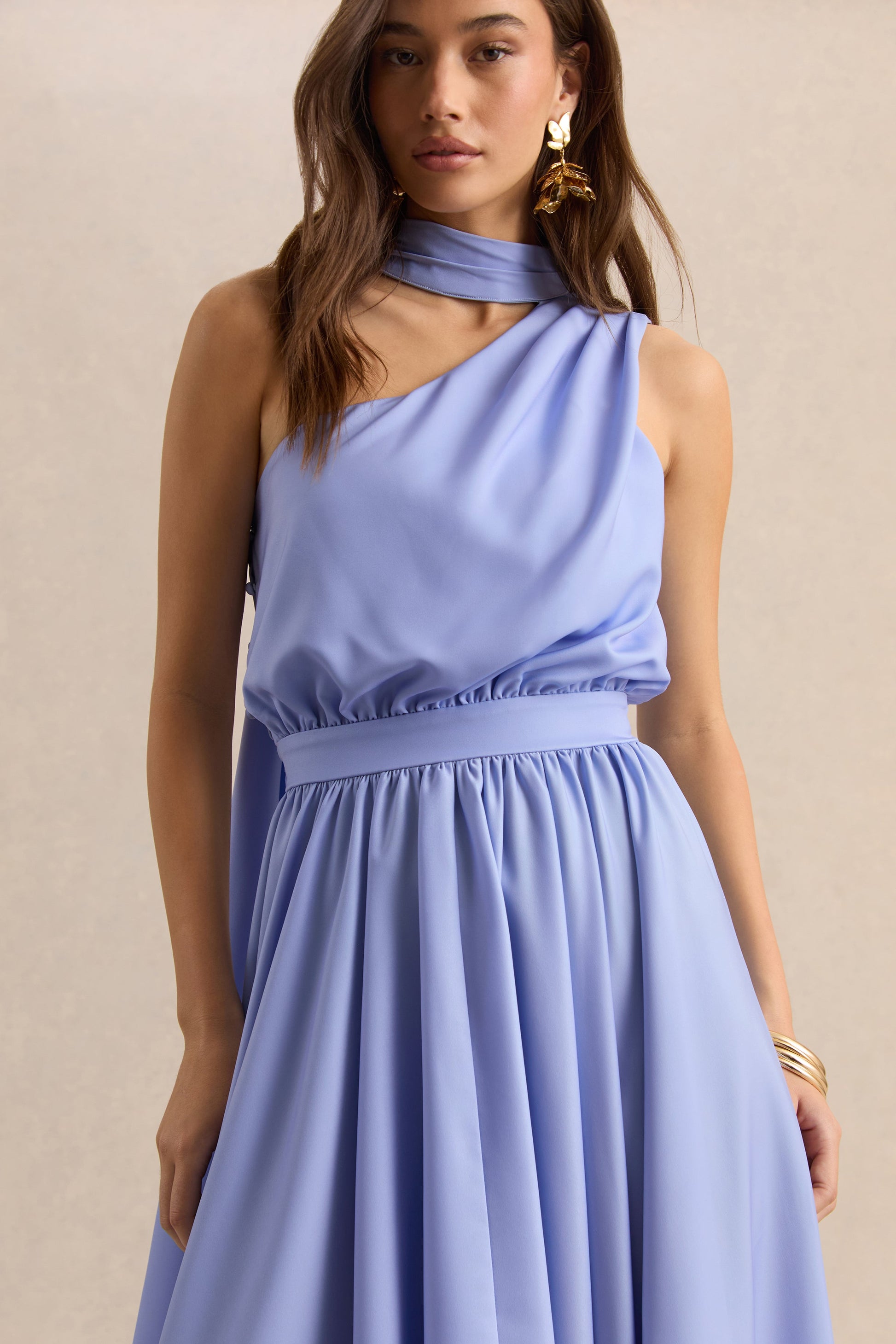 Caluna | Powder Blue Satin Asymmetric-Neck Midi Dress With Scarf-Detail