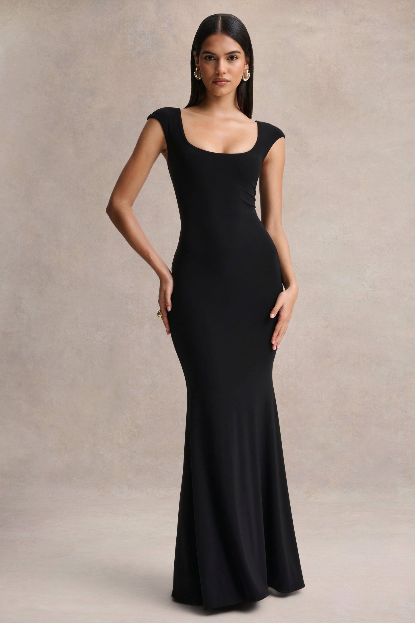 Piper | Black Square-Neck Maxi Dress With Cap-Sleeves