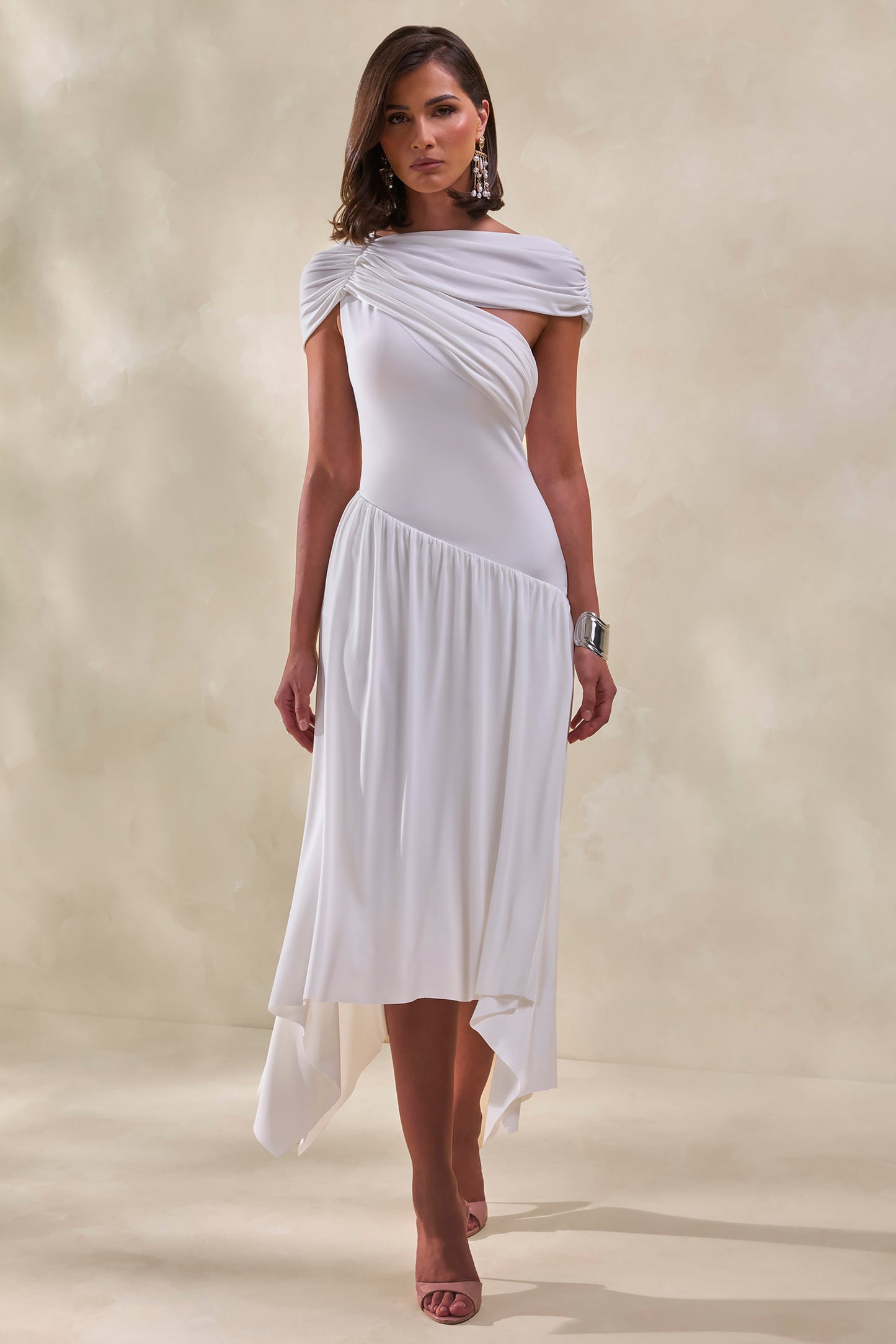 Lorina | White Midi Dress With Asymmetric-Waist