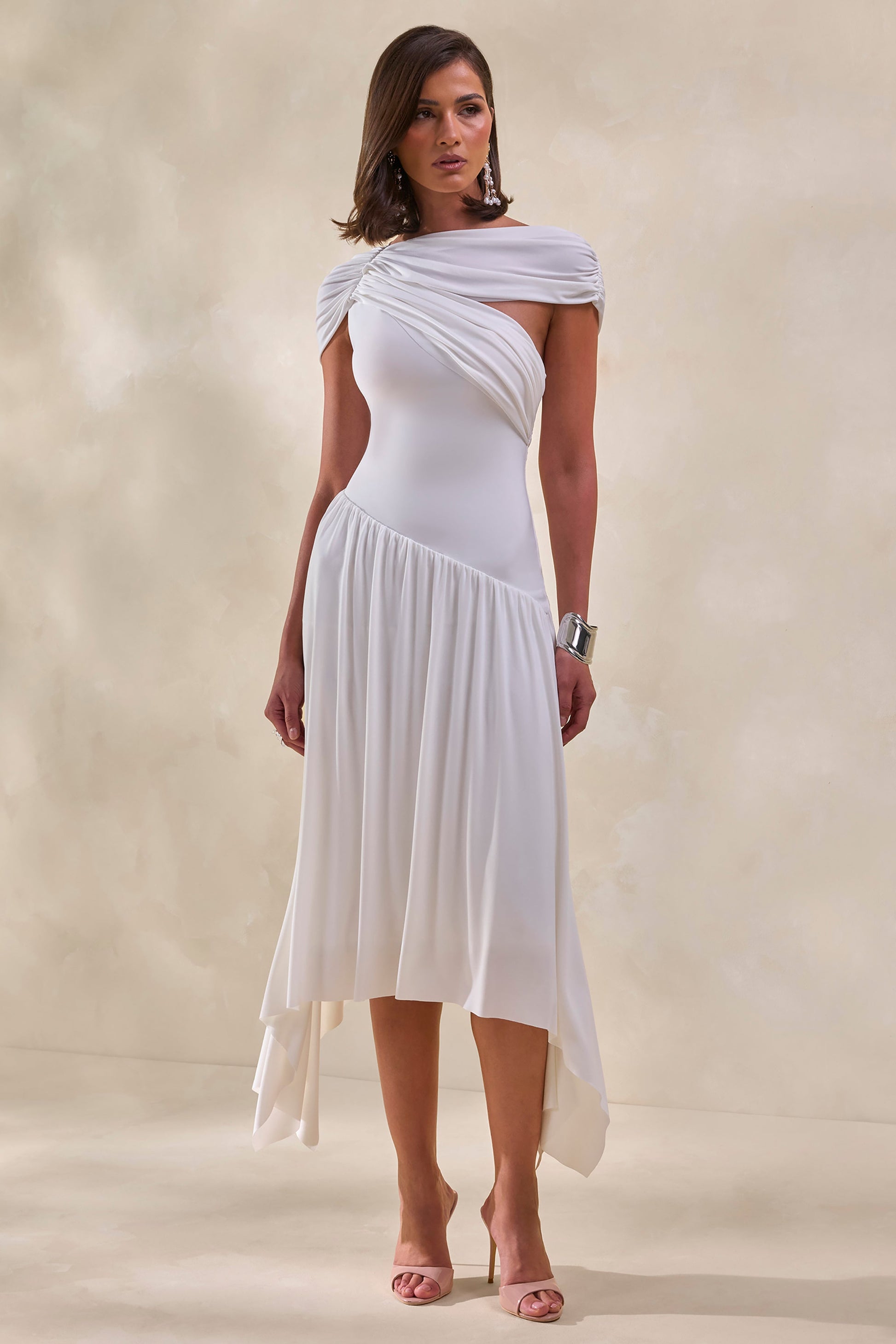 Lorina | White Midi Dress With Asymmetric-Waist