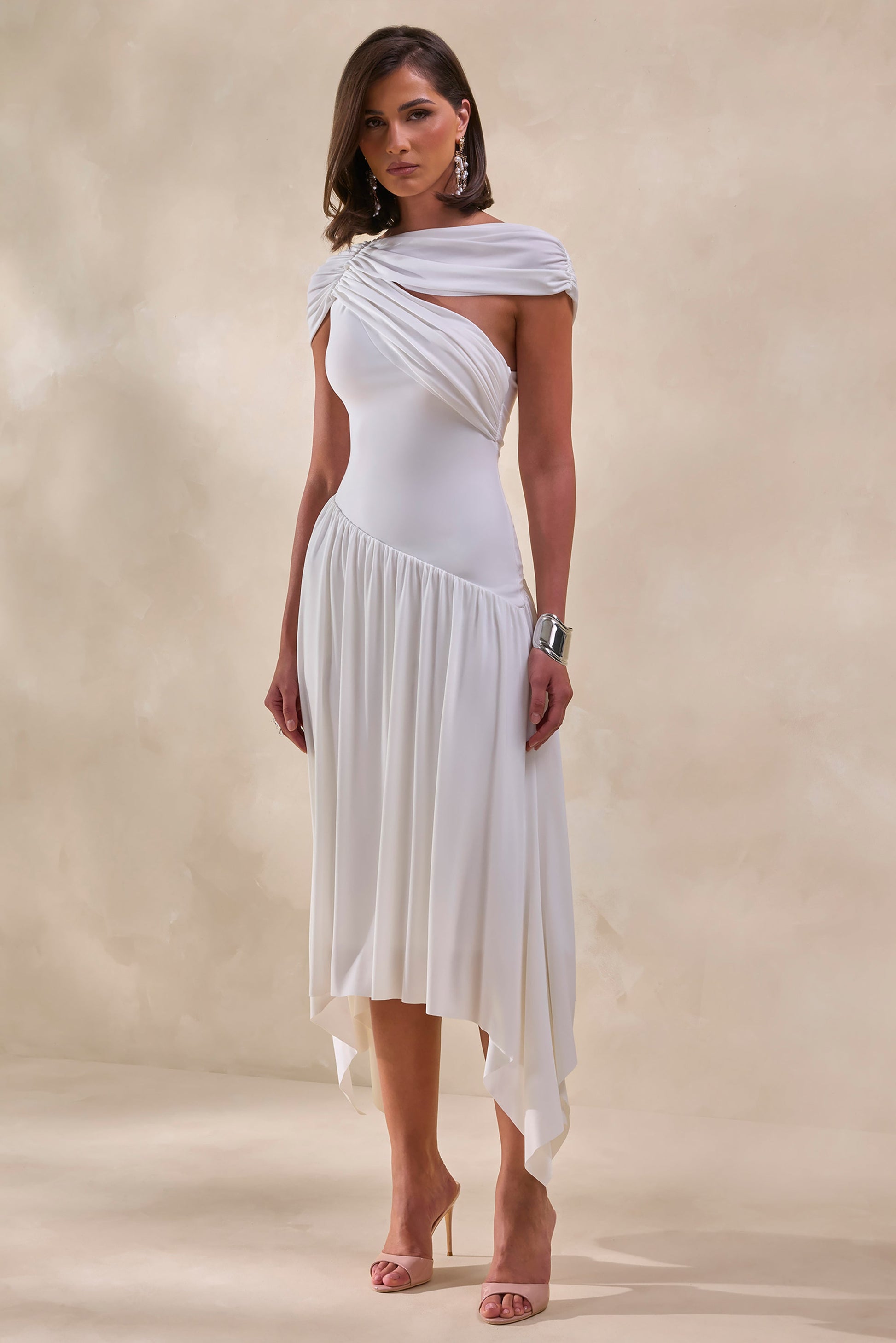 Lorina | White Midi Dress With Asymmetric-Waist