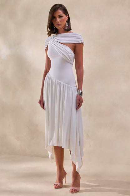 Lorina | White Midi Dress With Asymmetric-Waist