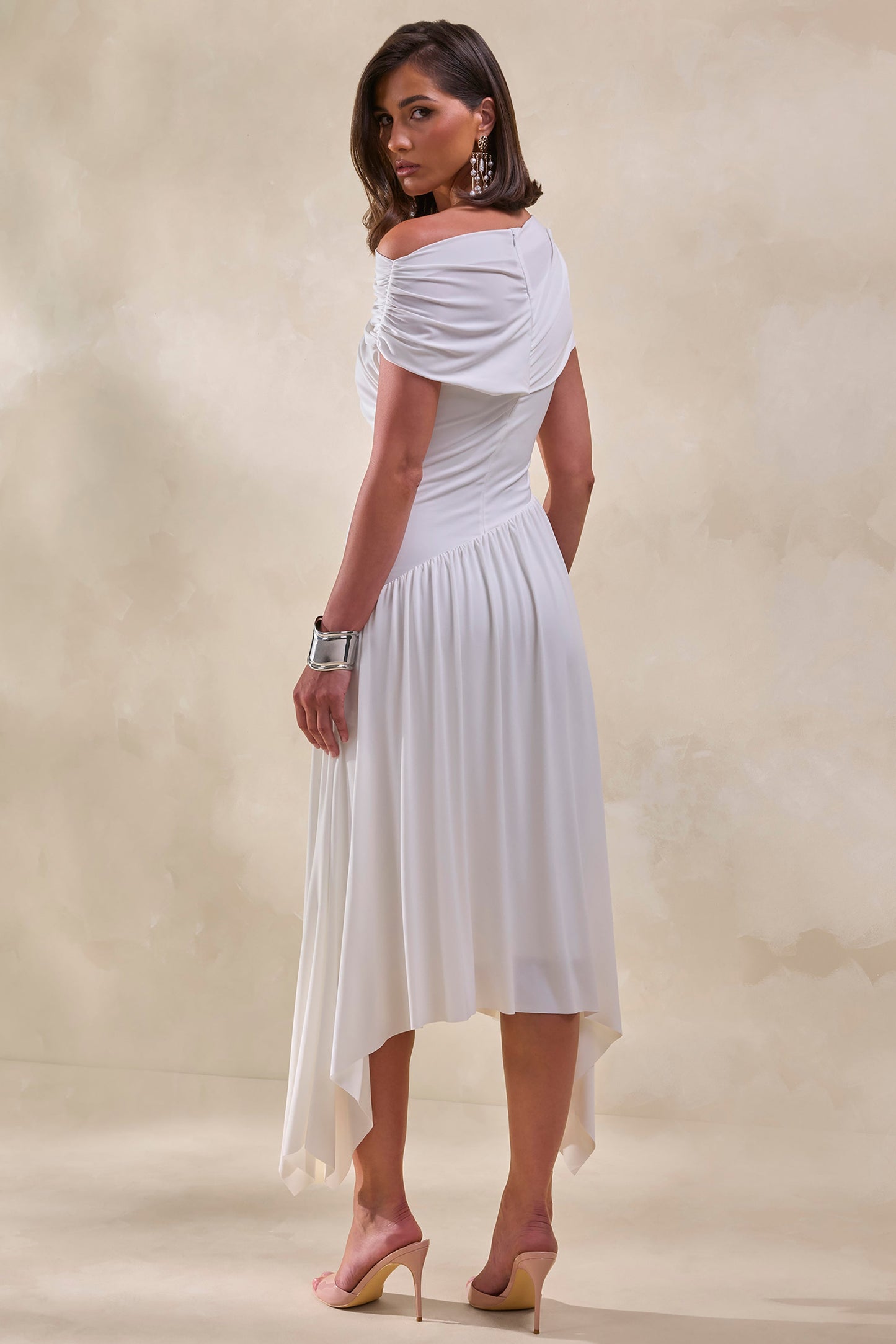 Lorina | White Midi Dress With Asymmetric-Waist