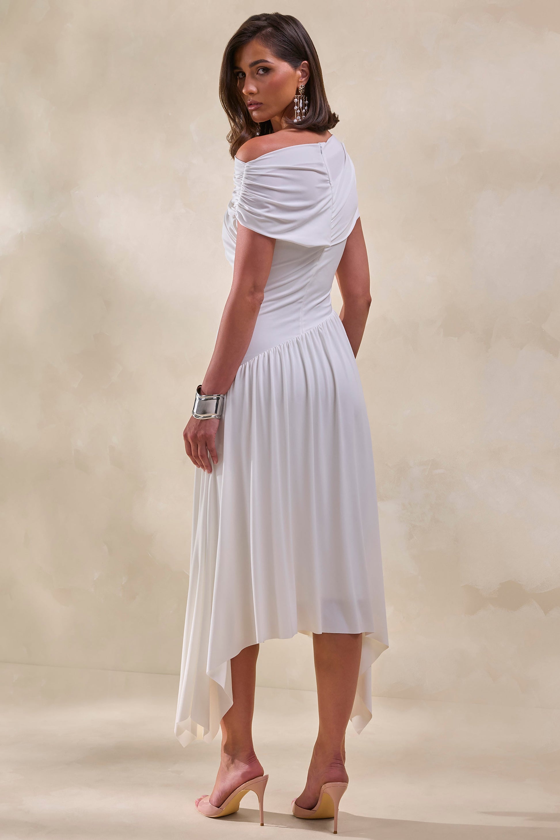 Lorina | White Midi Dress With Asymmetric-Waist