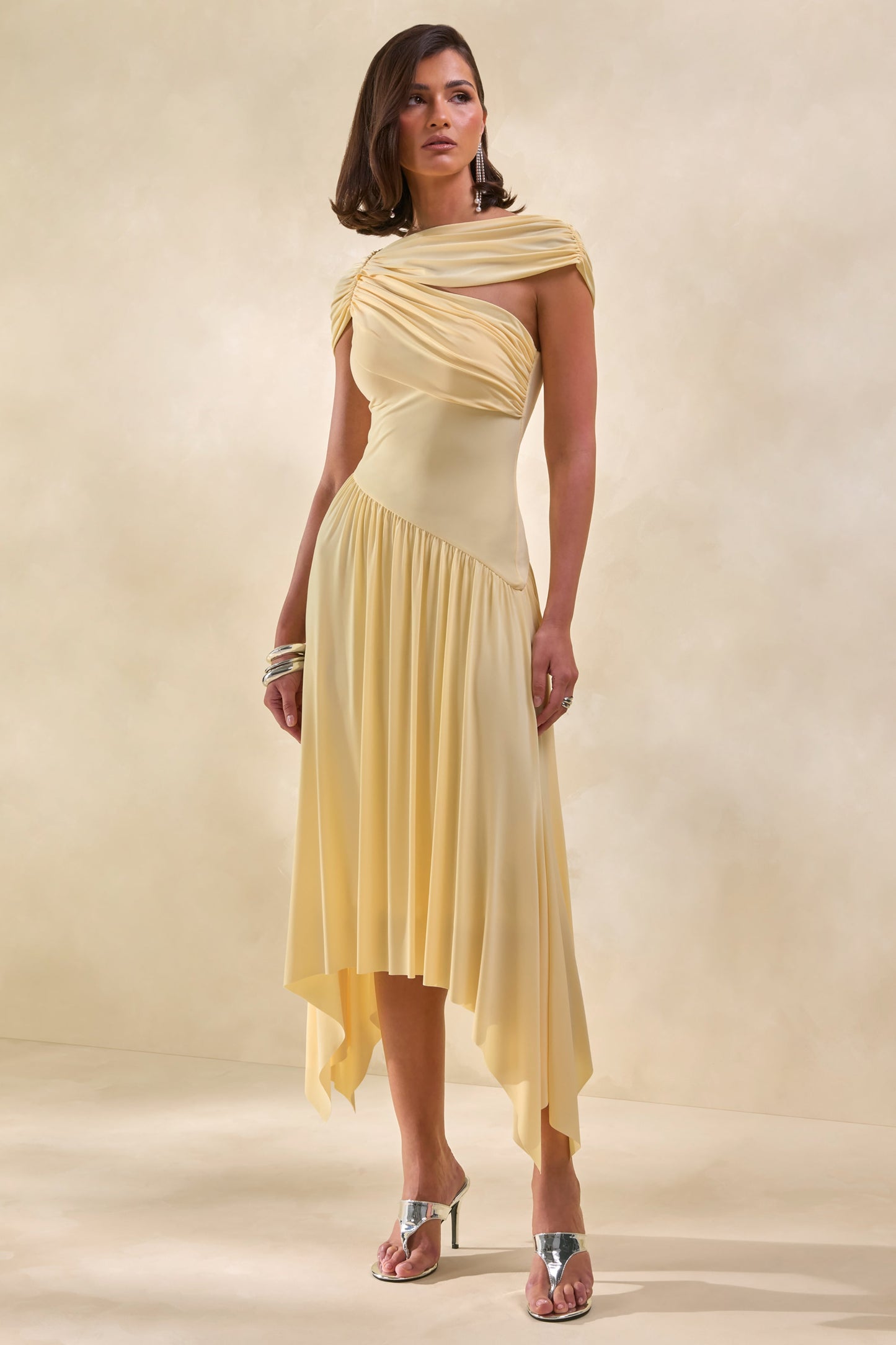 Lorina | Lemon Midi Dress With Asymmetric-Waist