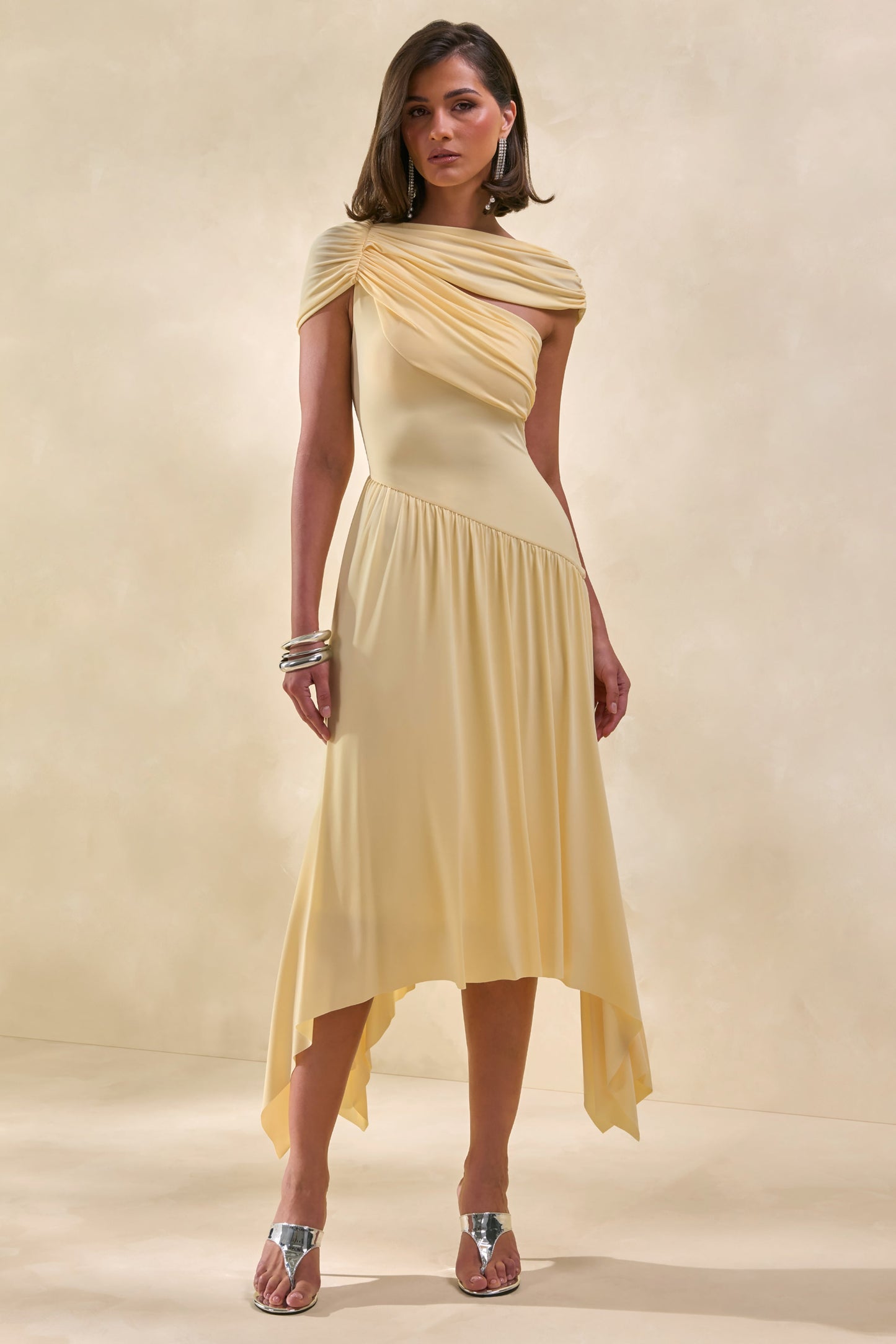 Lorina | Lemon Midi Dress With Asymmetric-Waist