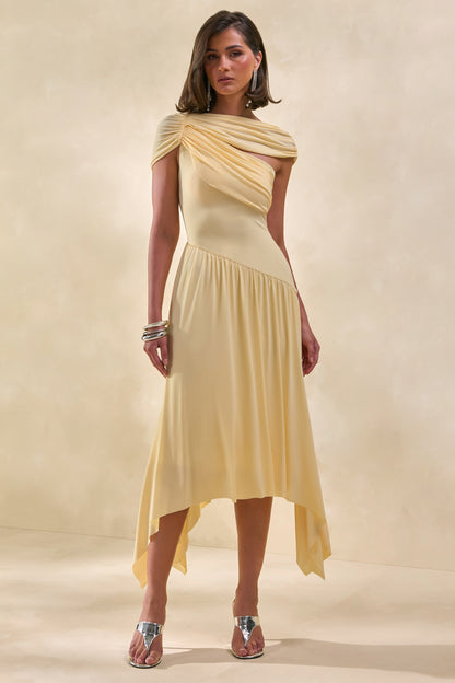 Lorina | Lemon Midi Dress With Asymmetric-Waist