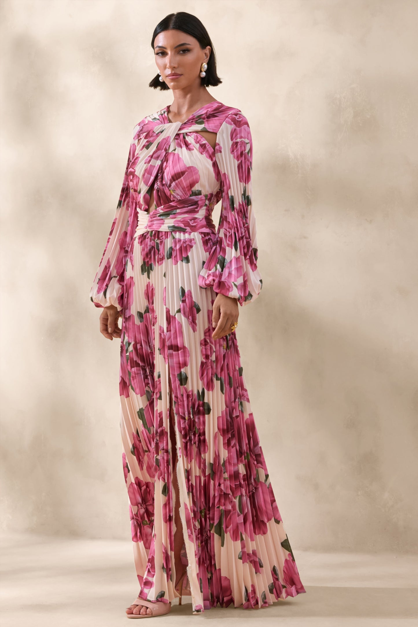 Rionna | Pink Hibiscus Floral Print High-Neck Maxi Dress With Cut-Out Detailing