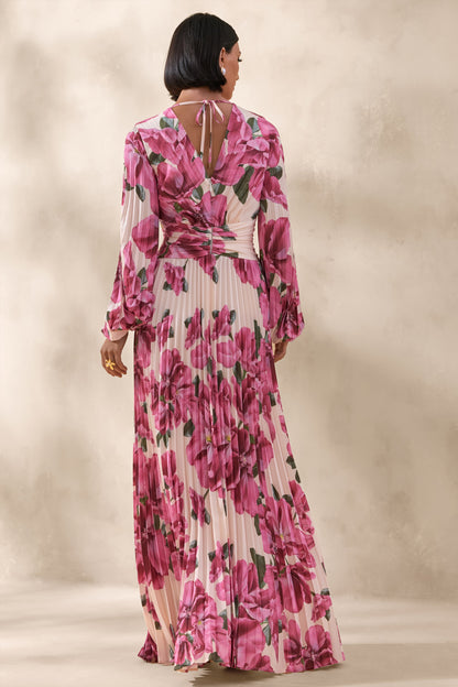 Rionna | Pink Hibiscus Floral Print High-Neck Maxi Dress With Cut-Out Detailing