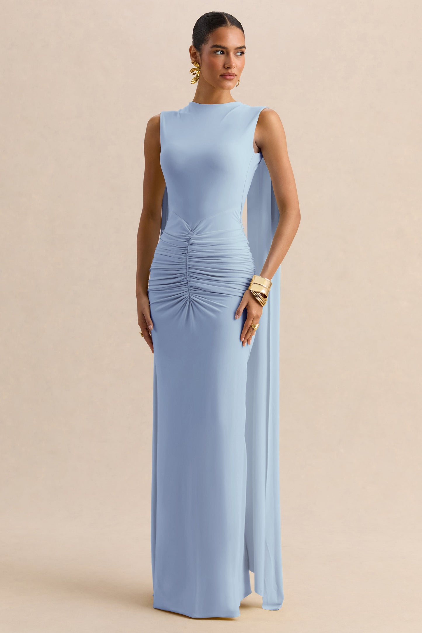 Premiere | Powder Blue Boat-Neck Maxi Dress With Cape-Sleeves And Open-Back