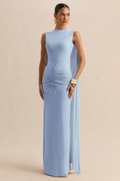 Premiere | Powder Blue Boat-Neck Maxi Dress With Cape-Sleeves And Open-Back