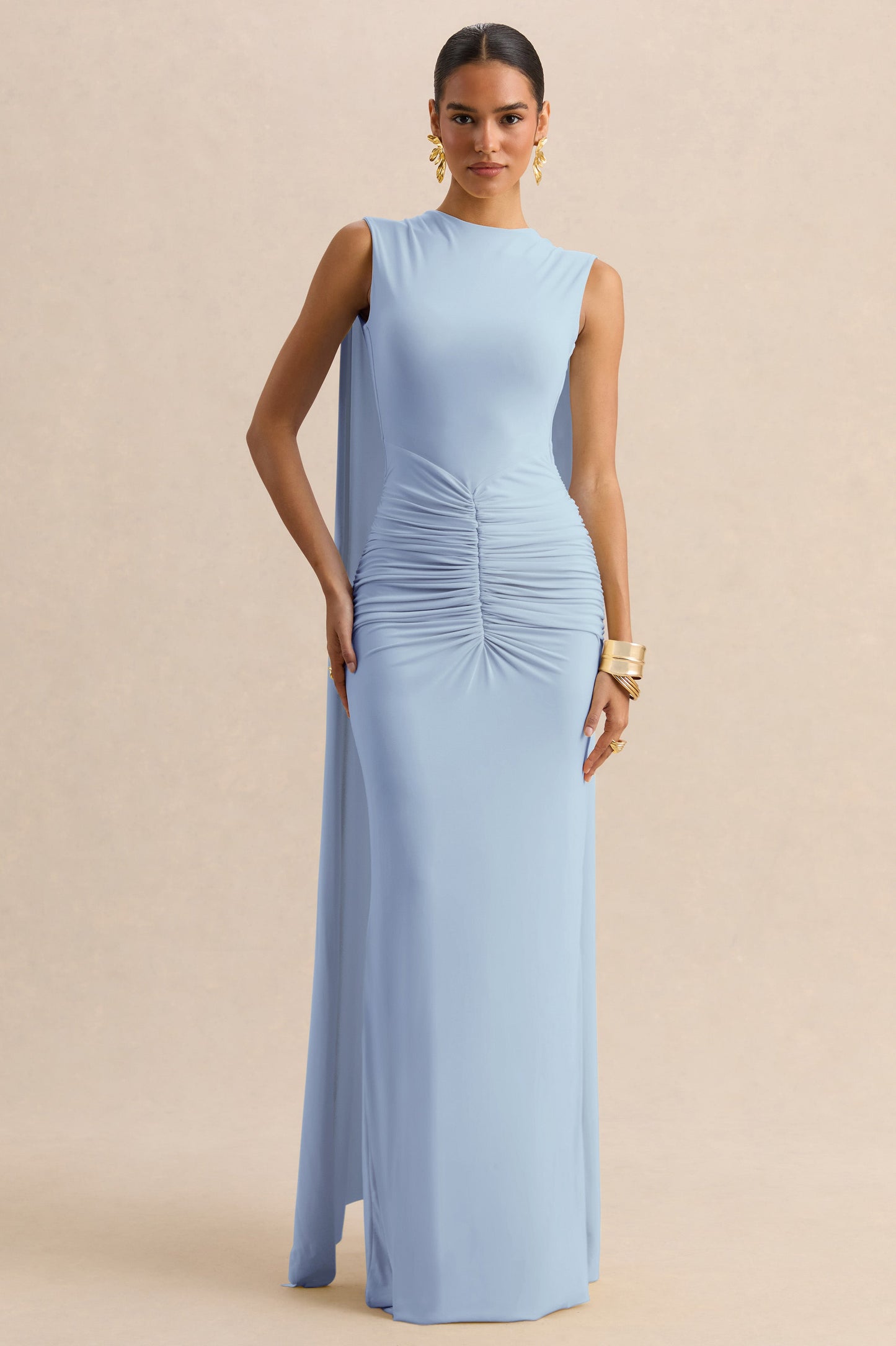Premiere | Powder Blue Boat-Neck Maxi Dress With Cape-Sleeves And Open-Back