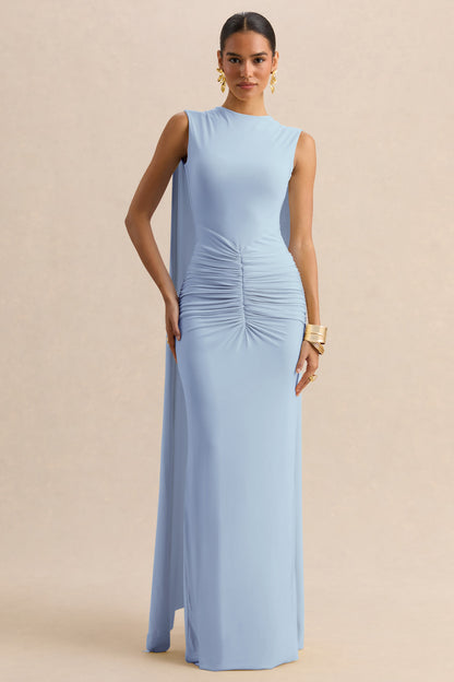 Premiere | Powder Blue Boat-Neck Maxi Dress With Cape-Sleeves And Open-Back