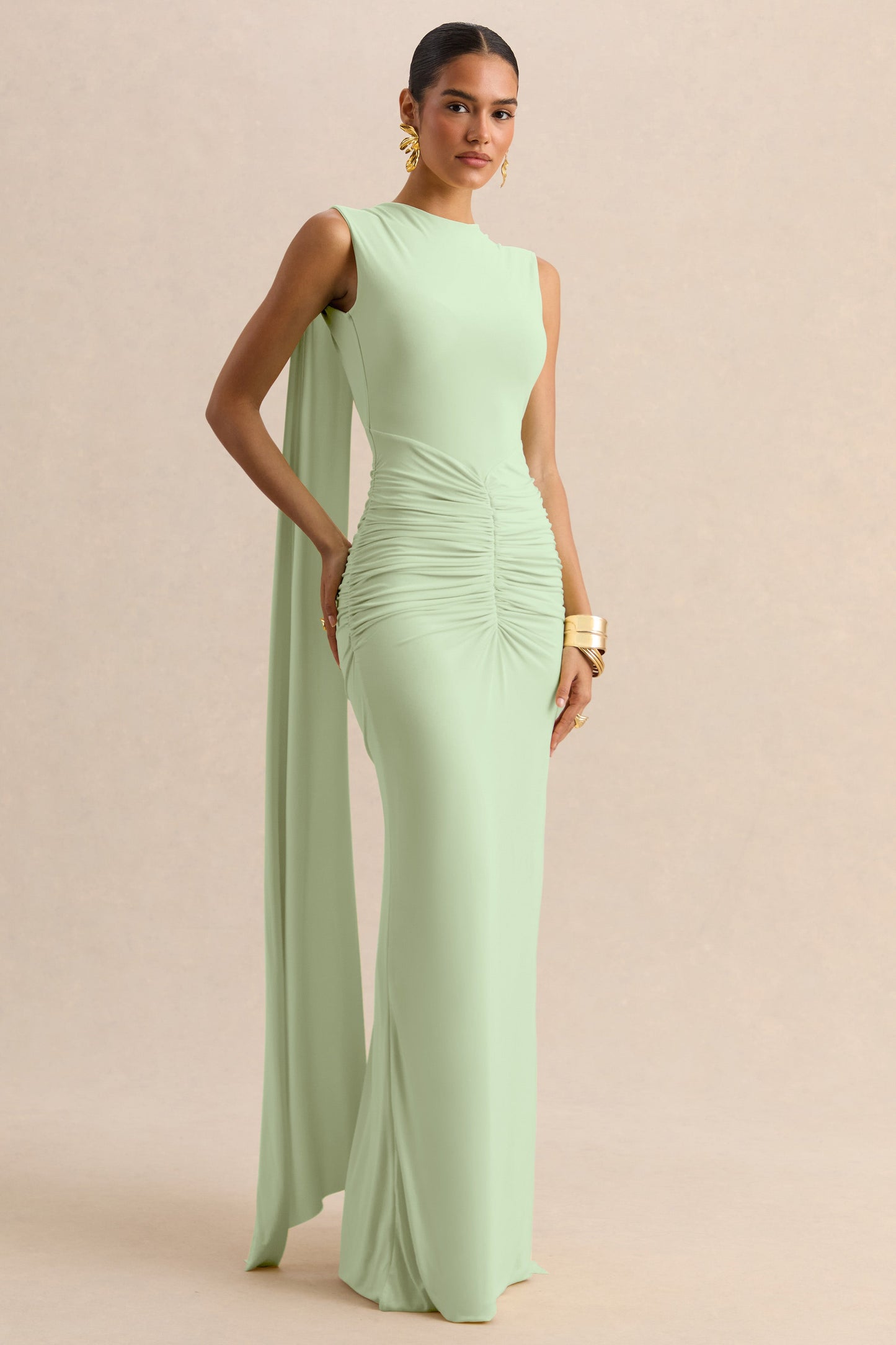 Premiere | Mint Boat-Neck Maxi Dress With Cape-Sleeves And Open-Back