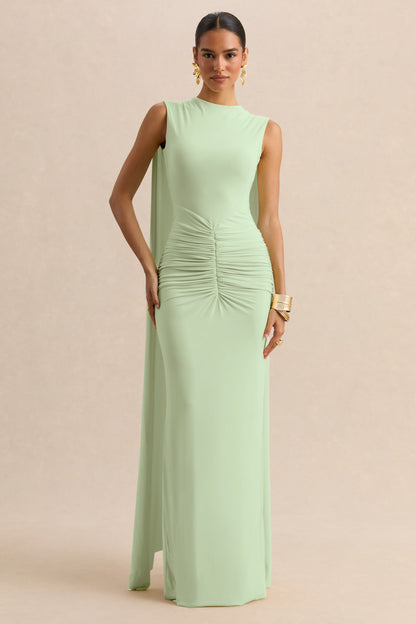 Premiere | Mint Boat-Neck Maxi Dress With Cape-Sleeves And Open-Back