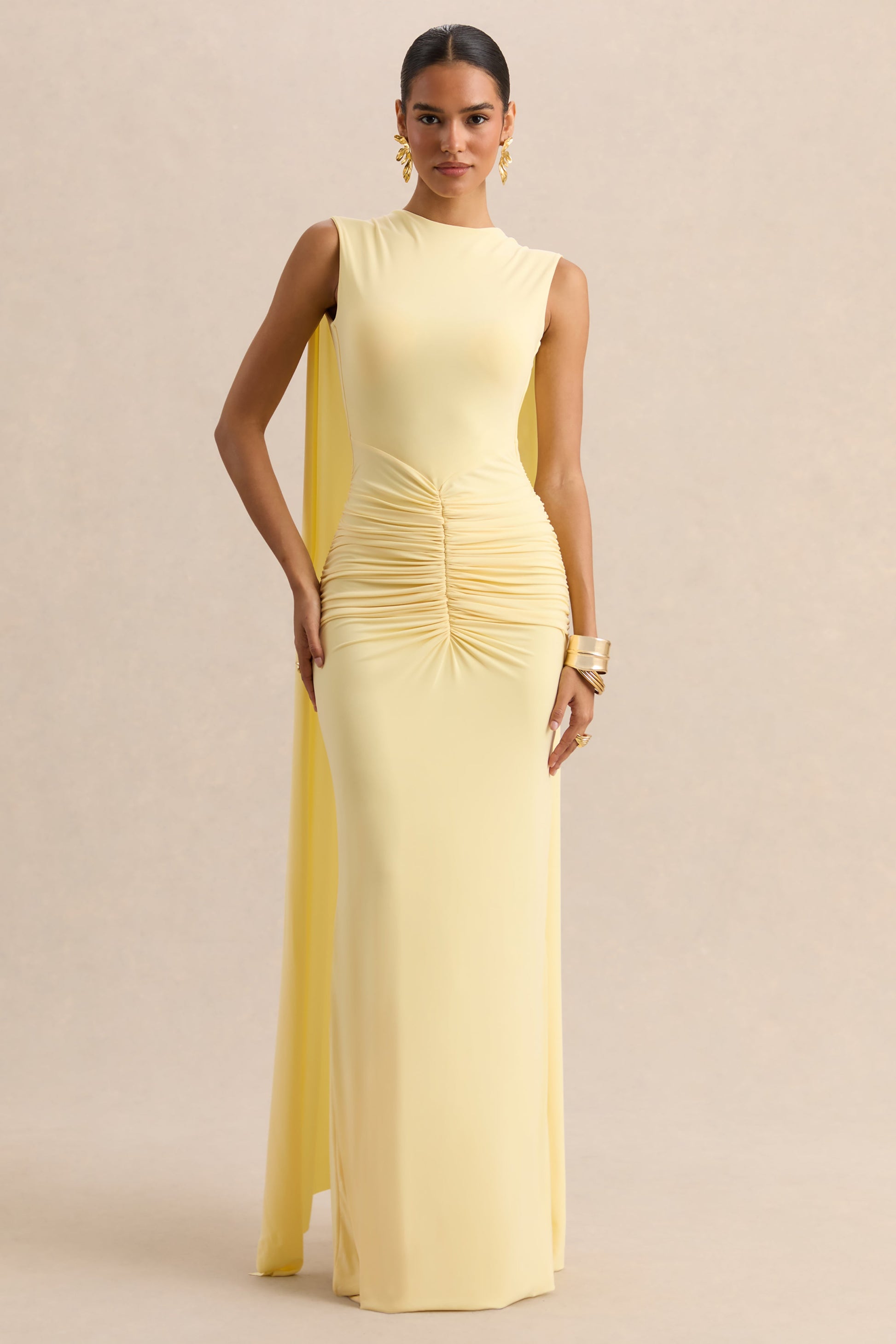 Premiere | Lemon Boat-Neck Maxi Dress With Cape-Sleeves And Open-Back