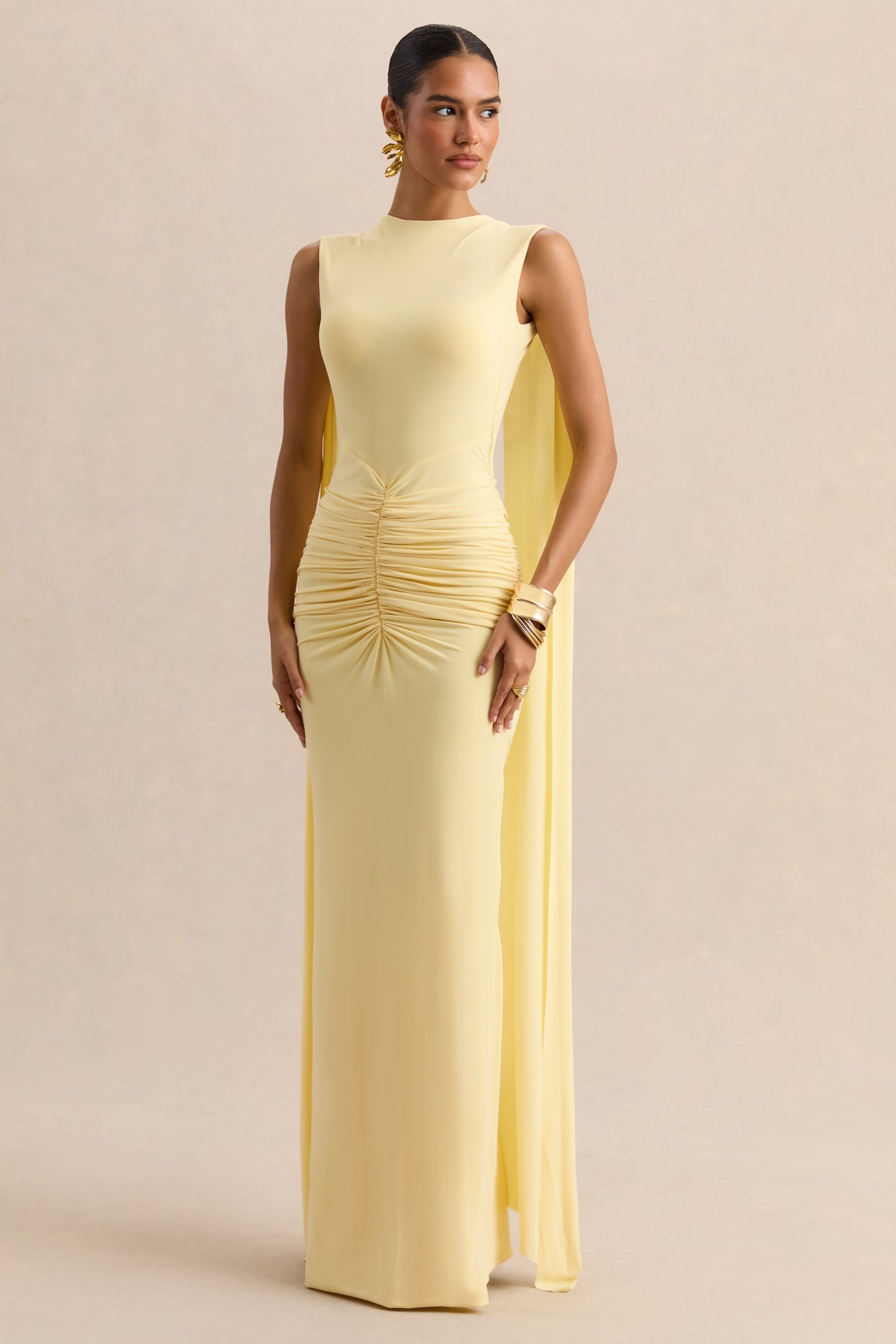 Premiere | Lemon Boat-Neck Maxi Dress With Cape-Sleeves And Open-Back
