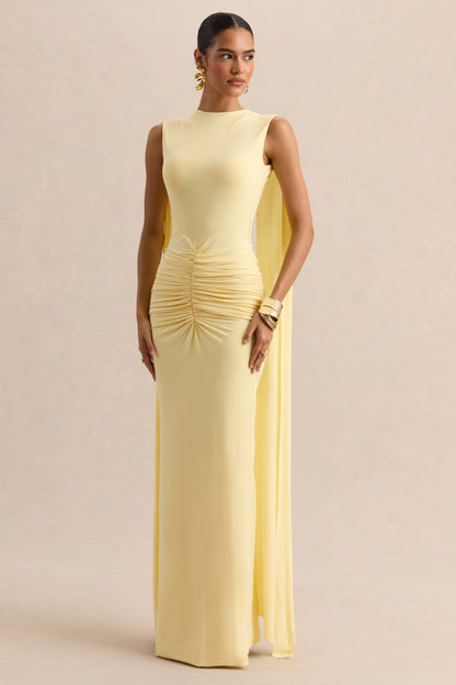 Premiere | Lemon Boat-Neck Maxi Dress With Cape-Sleeves And Open-Back