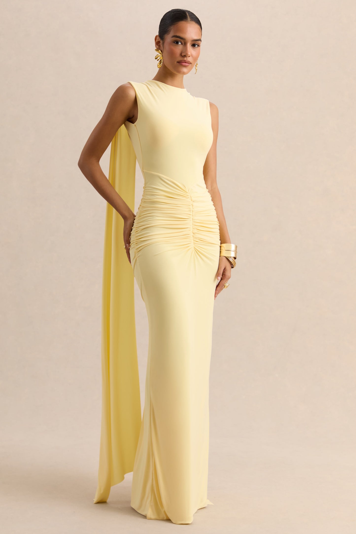 Premiere | Lemon Boat-Neck Maxi Dress With Cape-Sleeves And Open-Back