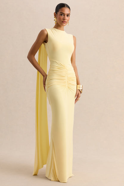 Premiere | Lemon Boat-Neck Maxi Dress With Cape-Sleeves And Open-Back