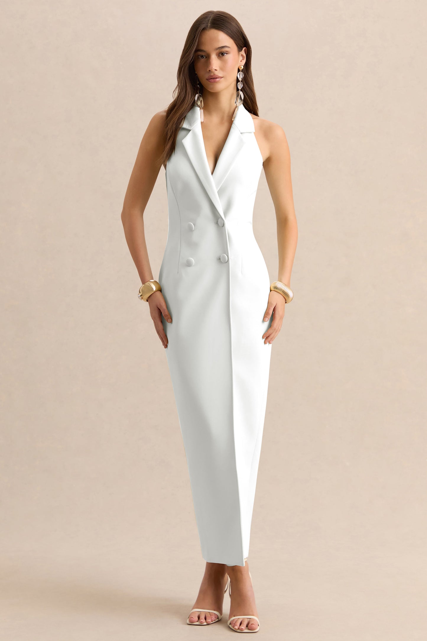 Hana | White Plunge-Neck Tailored Maxi Dress