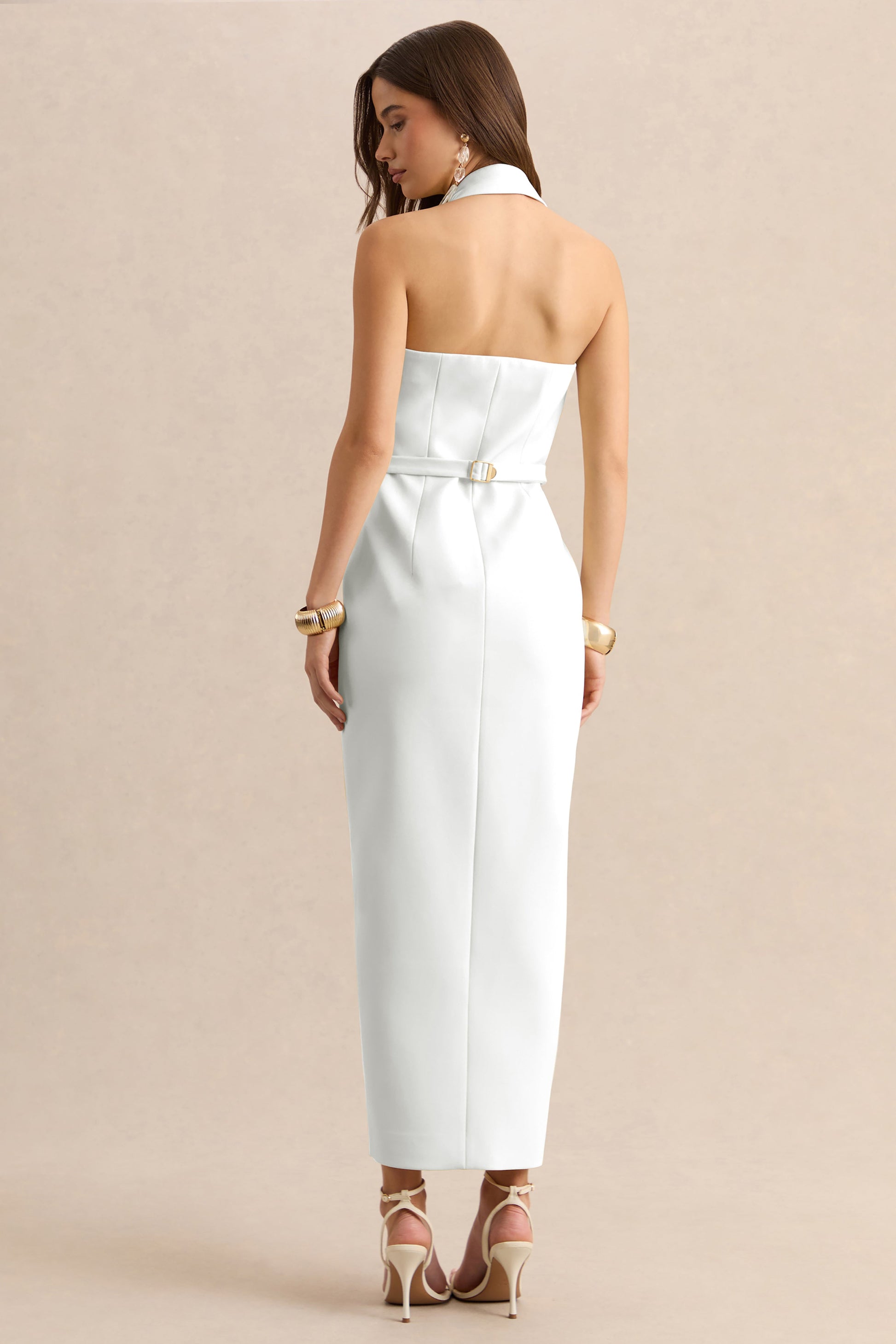 Hana | White Plunge-Neck Tailored Maxi Dress