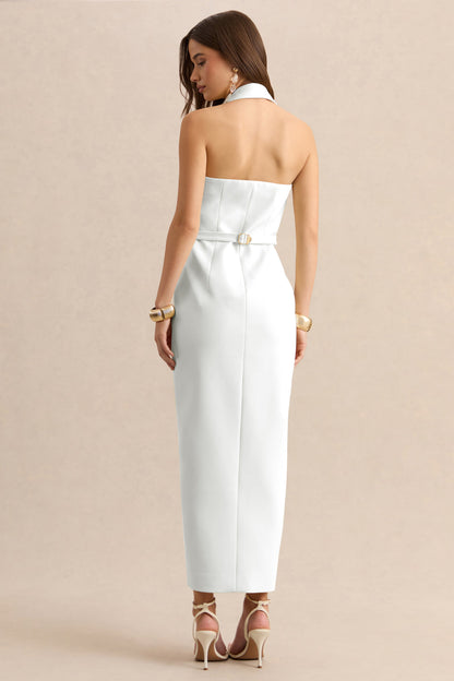 Hana | White Plunge-Neck Tailored Maxi Dress